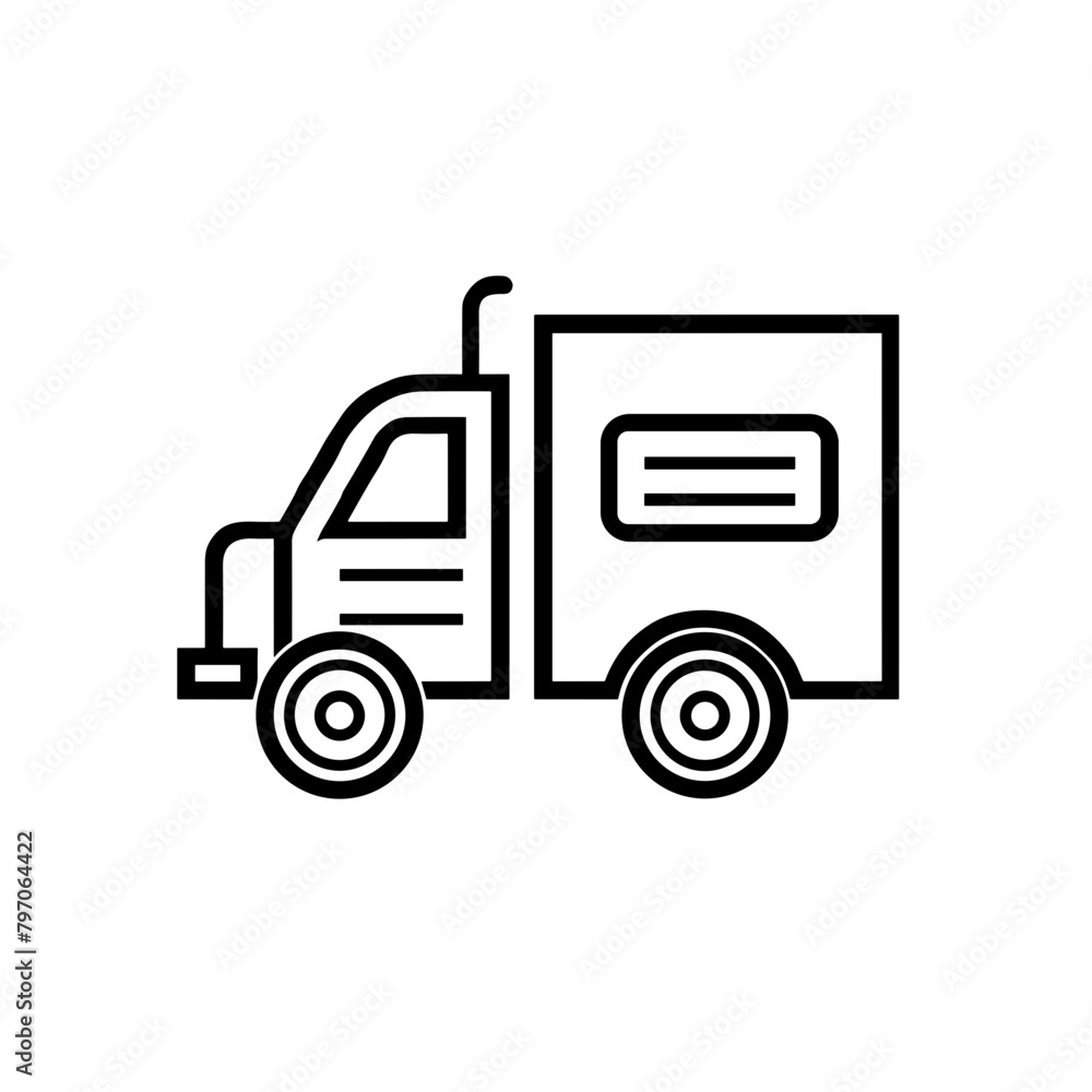 Delivery Truck Line Icon, Black Minimalist Illustration, Logistics Symbol