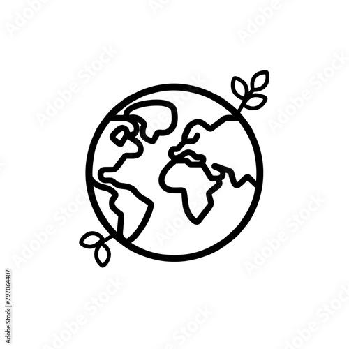 Earth with Leaves Icon, Black Line Design, Eco-Friendly Concept
