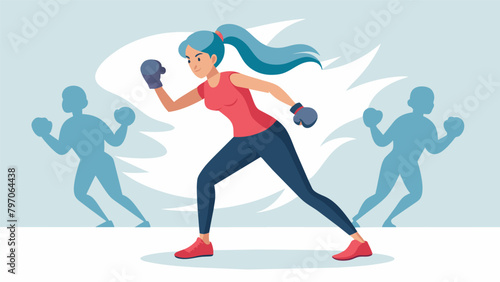 A woman uses shadow boxing as a form of stress relief releasing tension with each powerful cross and channeling her emotions into her movements.