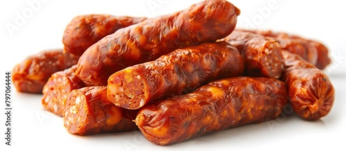 A stack of spicy chorizo sausages arranged on a clean white surface, showcasing their vibrant red color and textured casing.