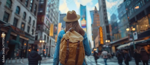 A woman with a backpack and hat, walking amidst a crowd on a bustling city street filled with pedestrians and vehicles.