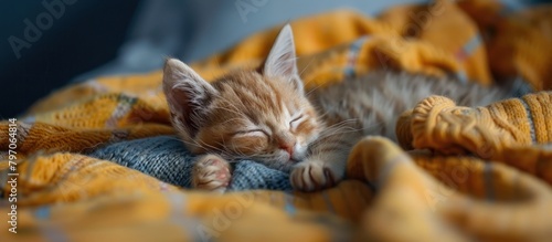 Small Kitten Sleeping on Blanket