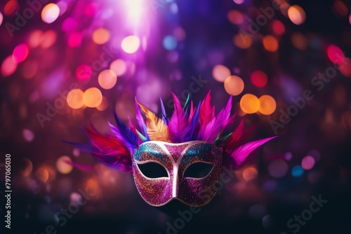 Colorful carnival mask with vibrant bokeh background © Balaraw