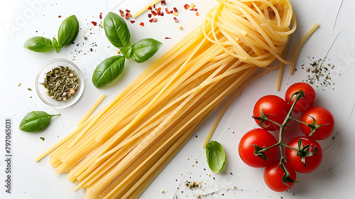 Fettuccine and spaghetti with ingredients for cooking pasta on a white background, top view, Flat lay