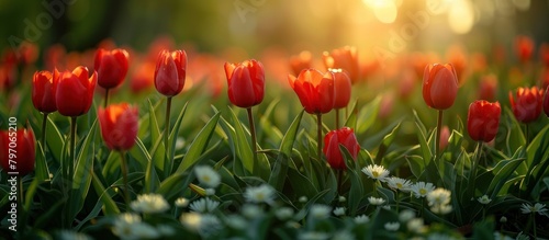 Vibrant Field of Red Tulips in Sunlight photo