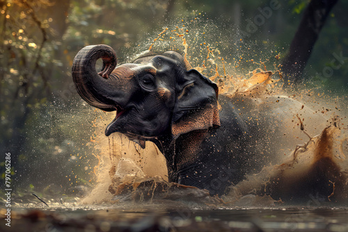 An Asian elephant splashes playfully in a muddy watering hole.