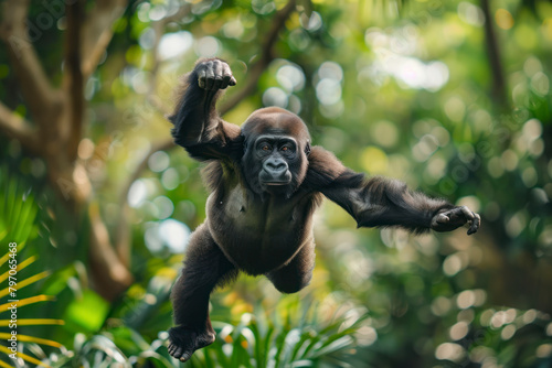 A young gorilla swings through the trees with effortless agility.