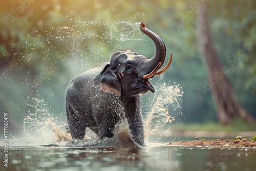 An Asian elephant splashes playfully in a muddy watering hole.