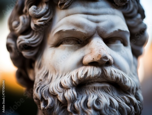 Close-up of a classical sculpture's detailed facial features