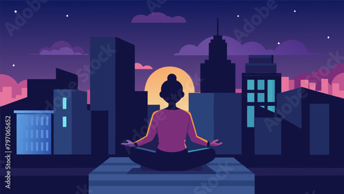 A person sitting on a rooftop surrounded by ling city lights meditating and finding inner liberation amidst the chaos and noise of the urban. Vector illustration