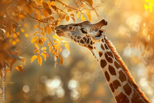 A towering giraffe stretches its long neck to reach the tender leaves of an acacia tree. photo