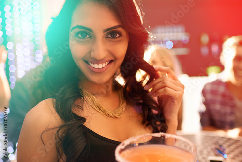 Sticker Portrait, girl and cocktail in party for celebration, birthday and event with friends