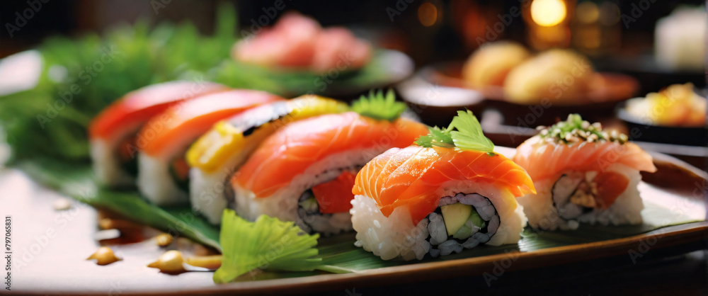 all sushi rolls set on plate with tuna, crab, japanned salmon and rolls. Top view all sushi rolls set on plate with tuna, crab, japanned salmon and rolls. Top view