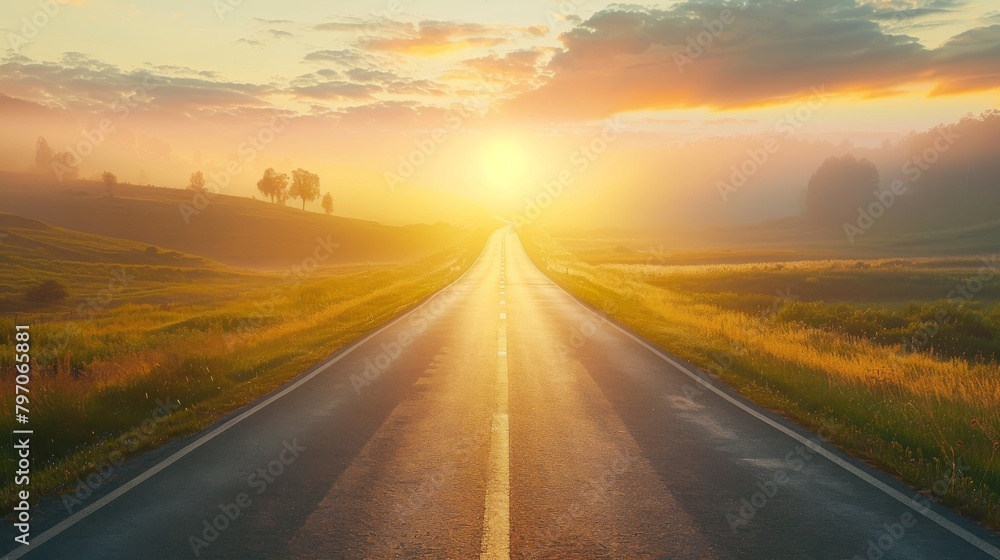 A long and winding road stretches into the distance, with a beautiful sunset in the background.