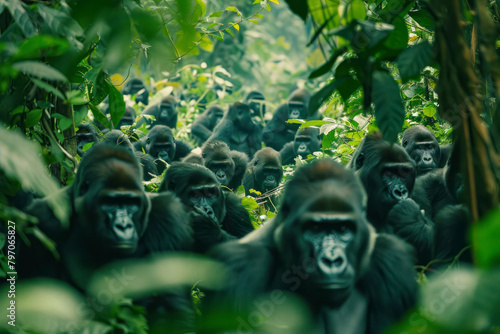 A troop of gorillas forages for food in the dense undergrowth of the rainforest.