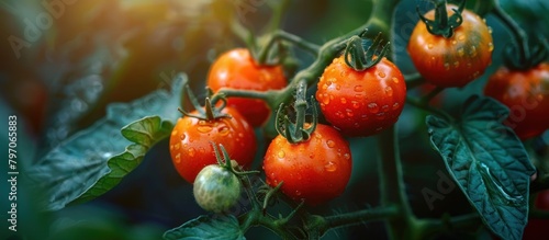 Close up view of cherry tomatoes clustered together on a vine in a garden. photo