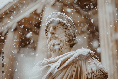 Snowflakes Falling on an Ancient Statue in Winter