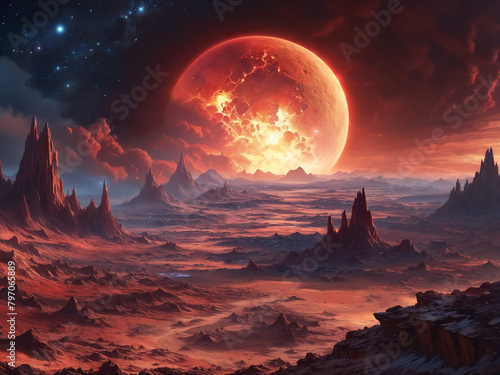 A desert landscape featuring a giant alien red planet. The scene with mountains and a large red moon in the sky.