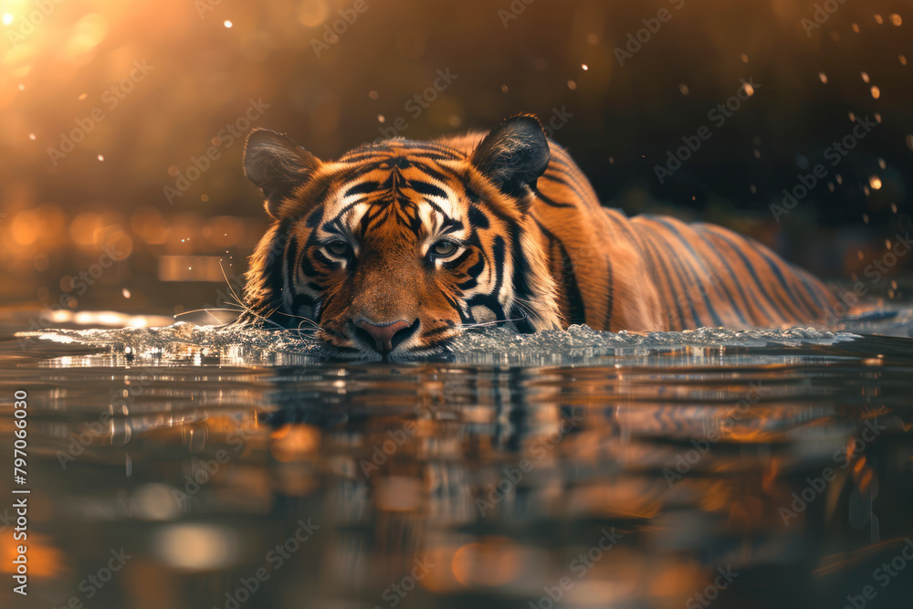 A Sumatran tiger swims gracefully across a tranquil river.