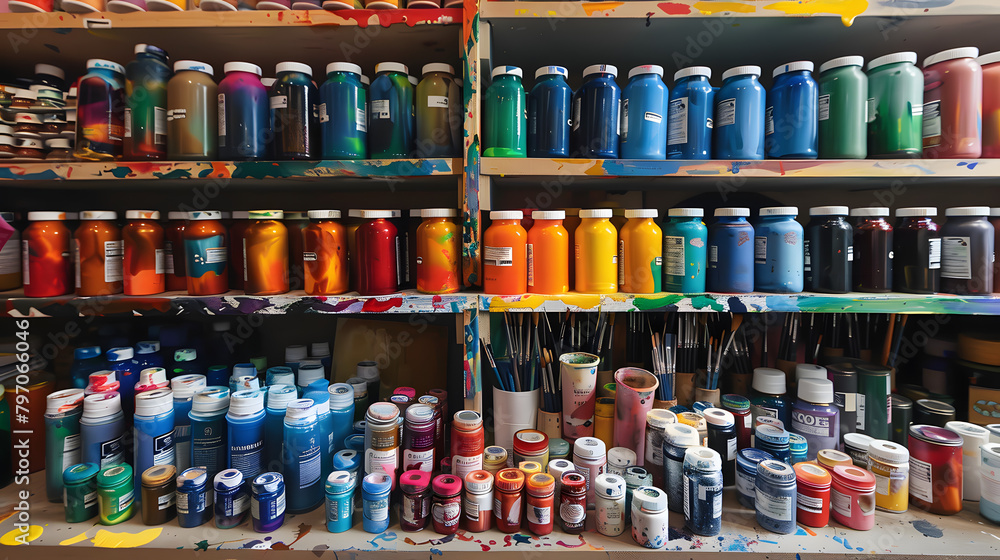 A diverse array of acrylic paints in various colors. neatly arranged on shelves and displayed at an art studio's tables. The paints were organized by color and medium 
