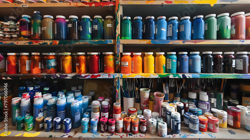 A diverse array of acrylic paints in various colors. neatly arranged on shelves and displayed at an art studio's tables. The paints were organized by color and medium 