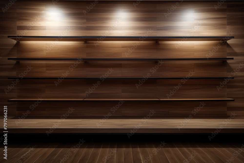 Modern wooden shelves with spotlight illumination Modern wooden shelves with spotlight illumination