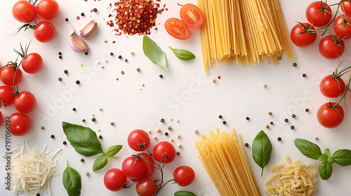 Frame with spaghetti and various ingredients for cooking pasta on a white background, top view, Flat lay