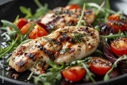 Grilled chicken breast with fresh salad on a dark plate