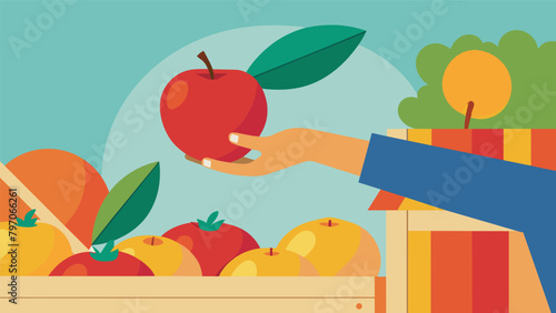 A hand reaches out to pluck a freshly picked apple from a farmers market stand supporting local agriculture and reducing their carbon