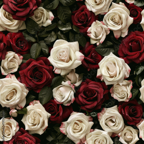 Seamless pattern of white and red roses with green leaves  photo-realistic