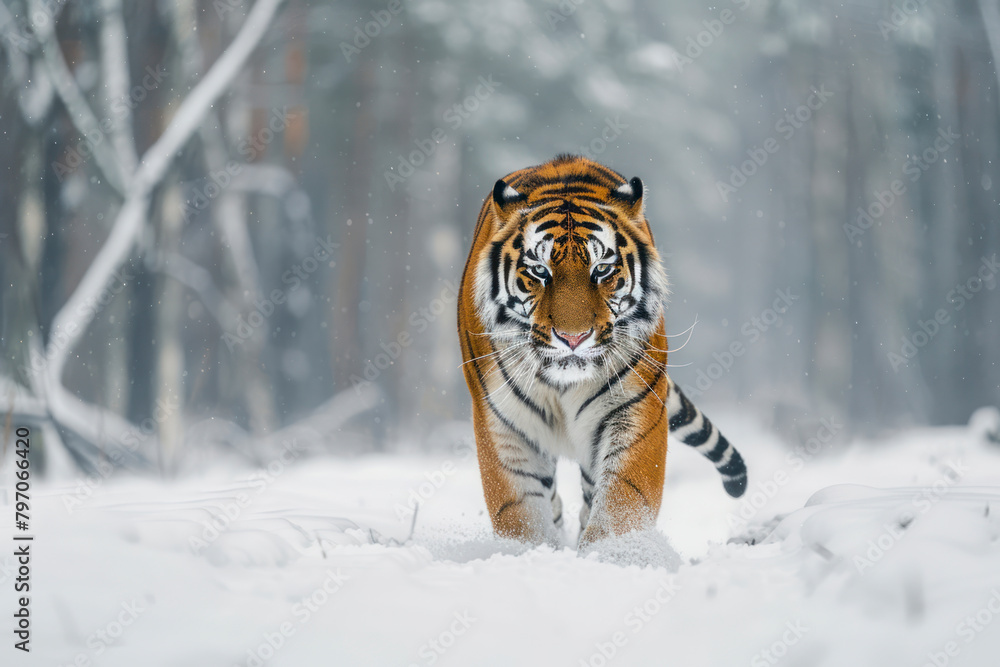 A Siberian tiger emerges from a snow-covered forest.