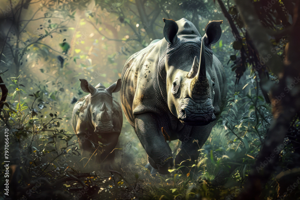 A mother rhino leads her calf through the dense thicket.