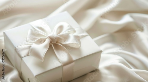 Elegant white gift box with satin ribbon on silk background