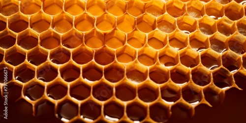 Close-up of a honeycomb structure with golden hues