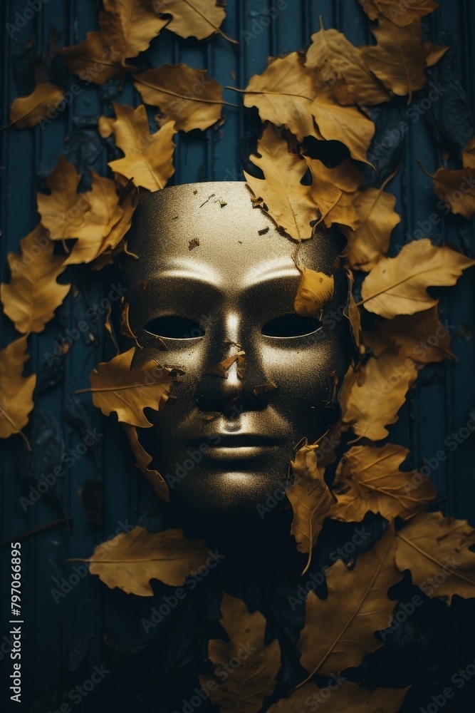 Golden mask surrounded by autumn leaves against a blue background