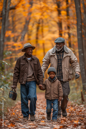 A man, boy and grandfather are walking in a forest. Family recreation concept