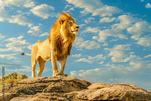 A majestic lion stands proudly on a rocky outcrop.