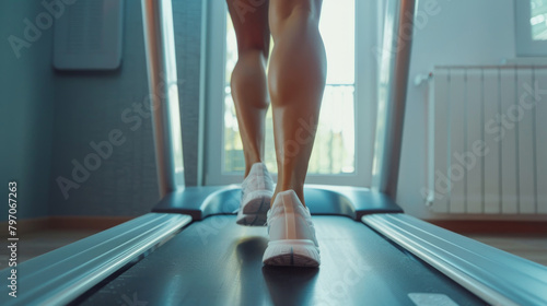 Close-up view of a woman's feet running on a treadmill