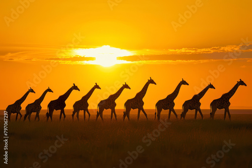 A group of giraffes gracefully strides across the African savanna. photo