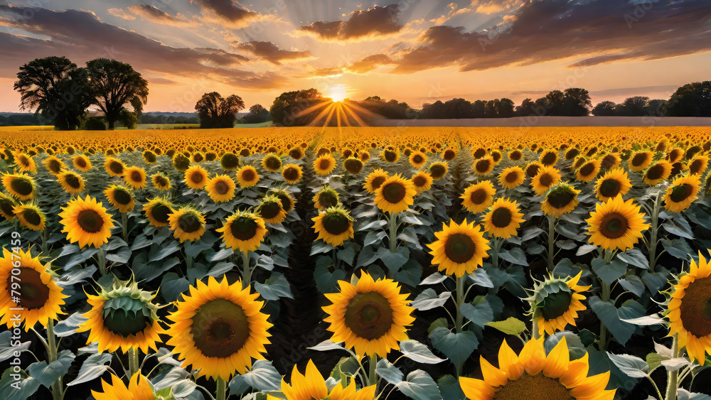 Field of blooming sunflowers on a sunset sky background.Generative AI