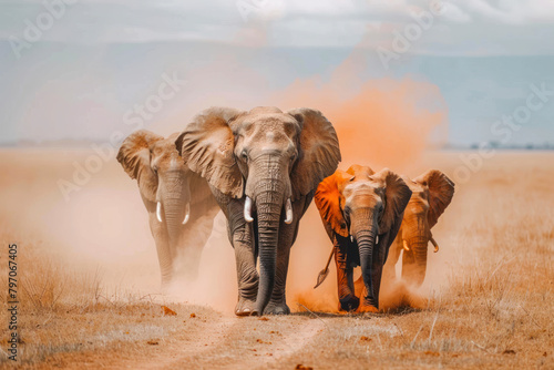 A family of African elephants marches across the vast plains. photo