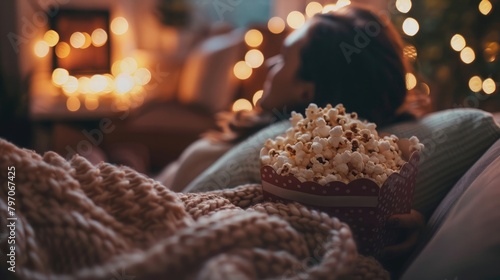 A detailed image of two best friends enjoying a movie night with popcorn and blankets on National Best Friends Day. photo
