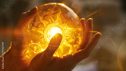 A figure is gripping a sun icon made from amber-colored glass. 