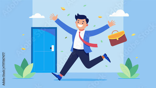 A young professional happily leaving their job on their last day of work as they have saved enough to retire early and enjoy the fruits of
