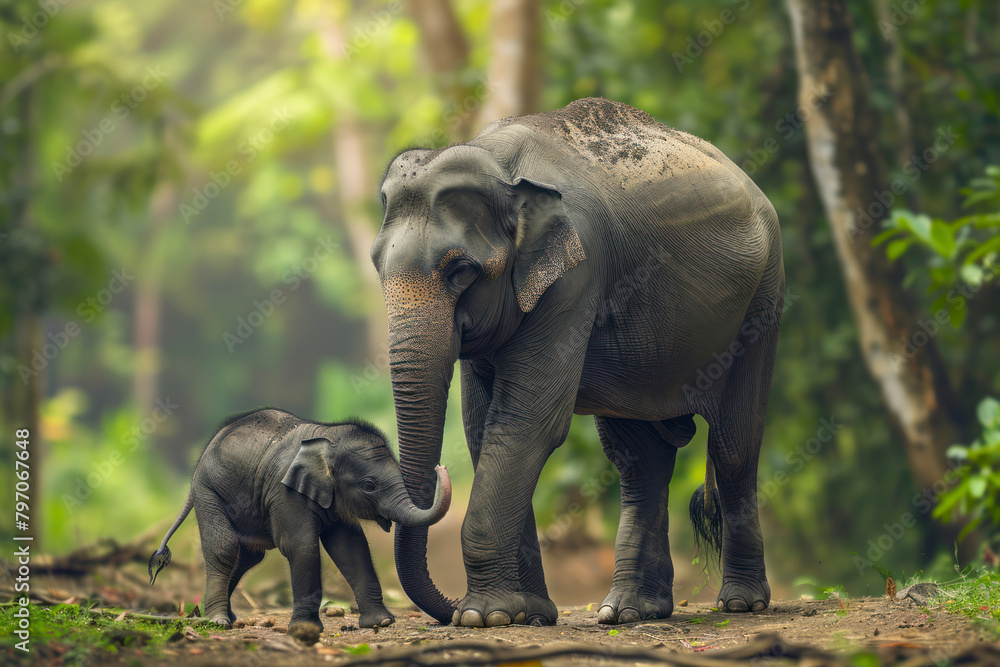 Fototapeta premium A baby elephant takes its first wobbly steps beside its mother.