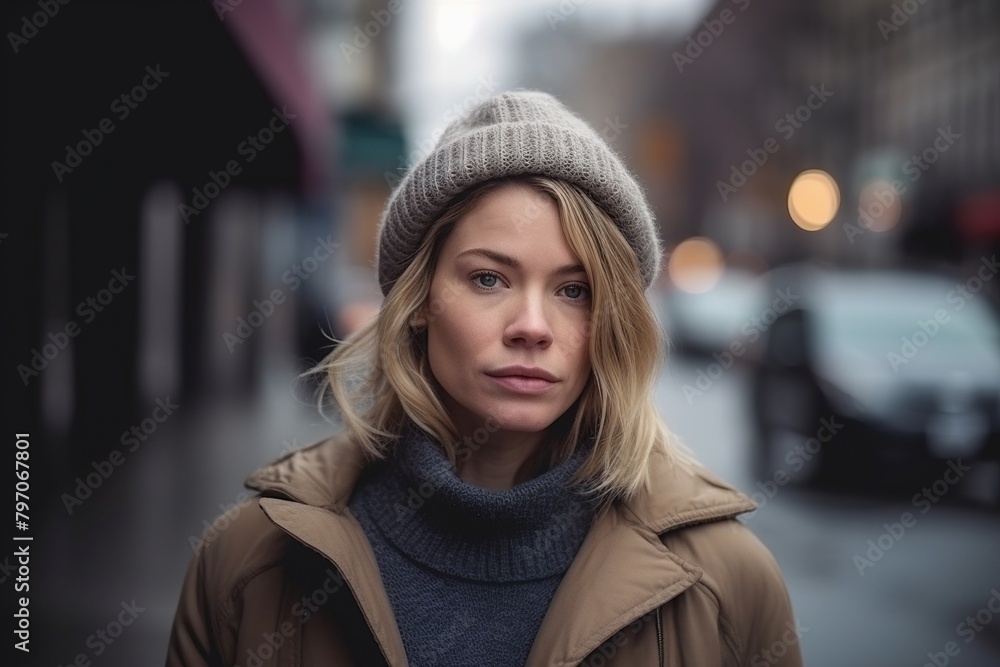 A woman wearing a hat and a brown coat stands on a street A woman wearing a hat and a brown coat stands on a street