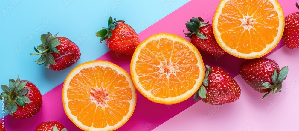 Group of Oranges and Strawberries on Pink and Blue Background