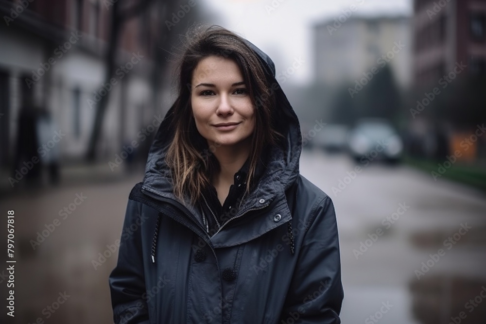 A woman wearing a black coat and hood is standing on a wet street A woman wearing a black coat and hood is standing on a wet street