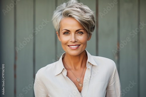 A woman with short hair and a necklace is smiling photo