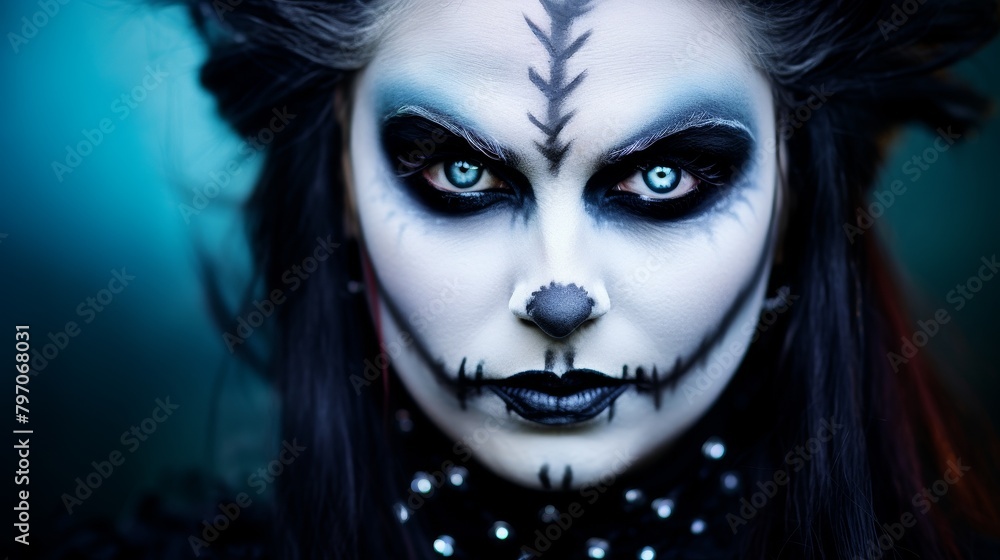 Mysterious woman with dramatic fantasy makeup and dark costume